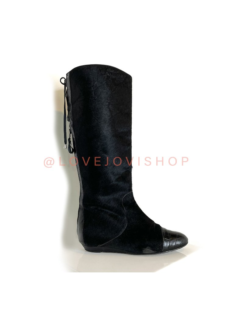 Boots | Vintage 80s Calfhair Corseted Wide Shaft Tall | Made In Italy Black | 9